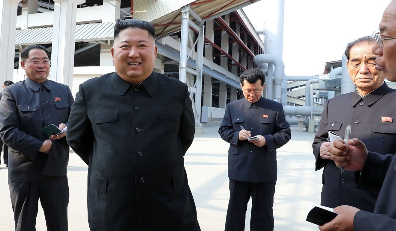 North Korean leader Kim Jong-un (second from left) visits a fertiliser factory in North Korea, in a photograph released on Saturday. Photo: KCNA/KNS via AFP