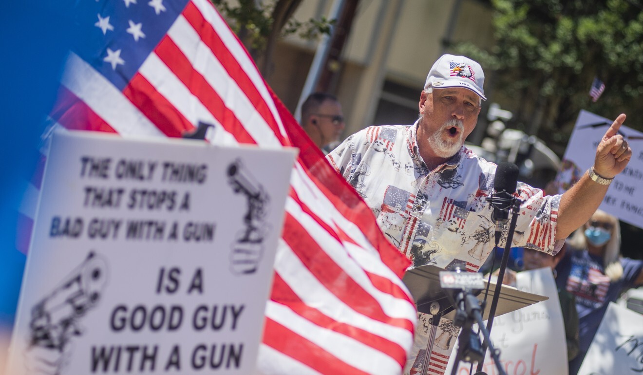 Don Hartness, organiser of Reopen Mississippi, addresses people gathered at a protest in Jackson on Friday. Photo: AP