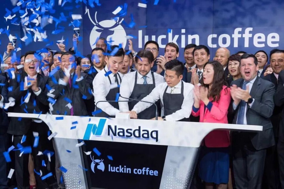 Luckin Coffee’s team in New York during the company’s trading debut on May 16, 2019. Photo: finance.china.com.cn