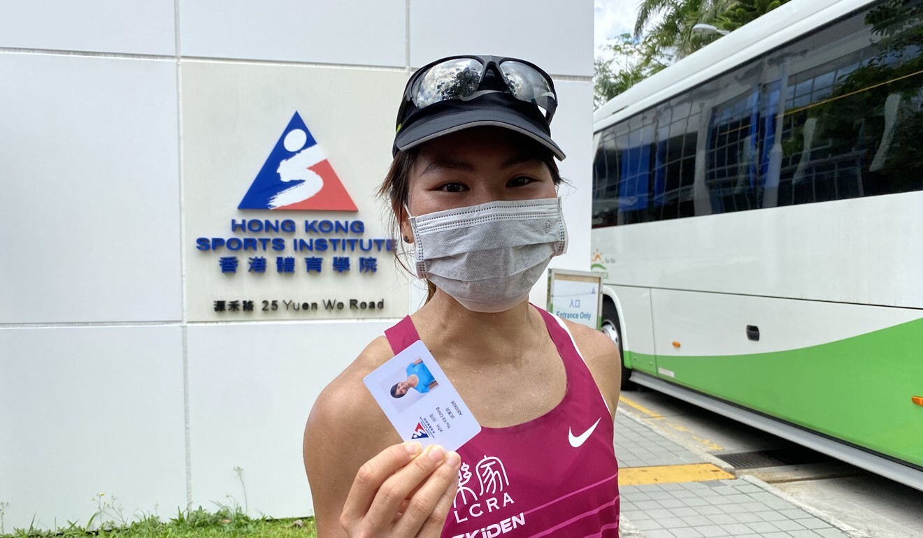 Marathon runner Christy Yiu Kit-ching returns to the Sports Institute for the first time in six weeks after the lockdown is over. Photo: Chan Kin-wa