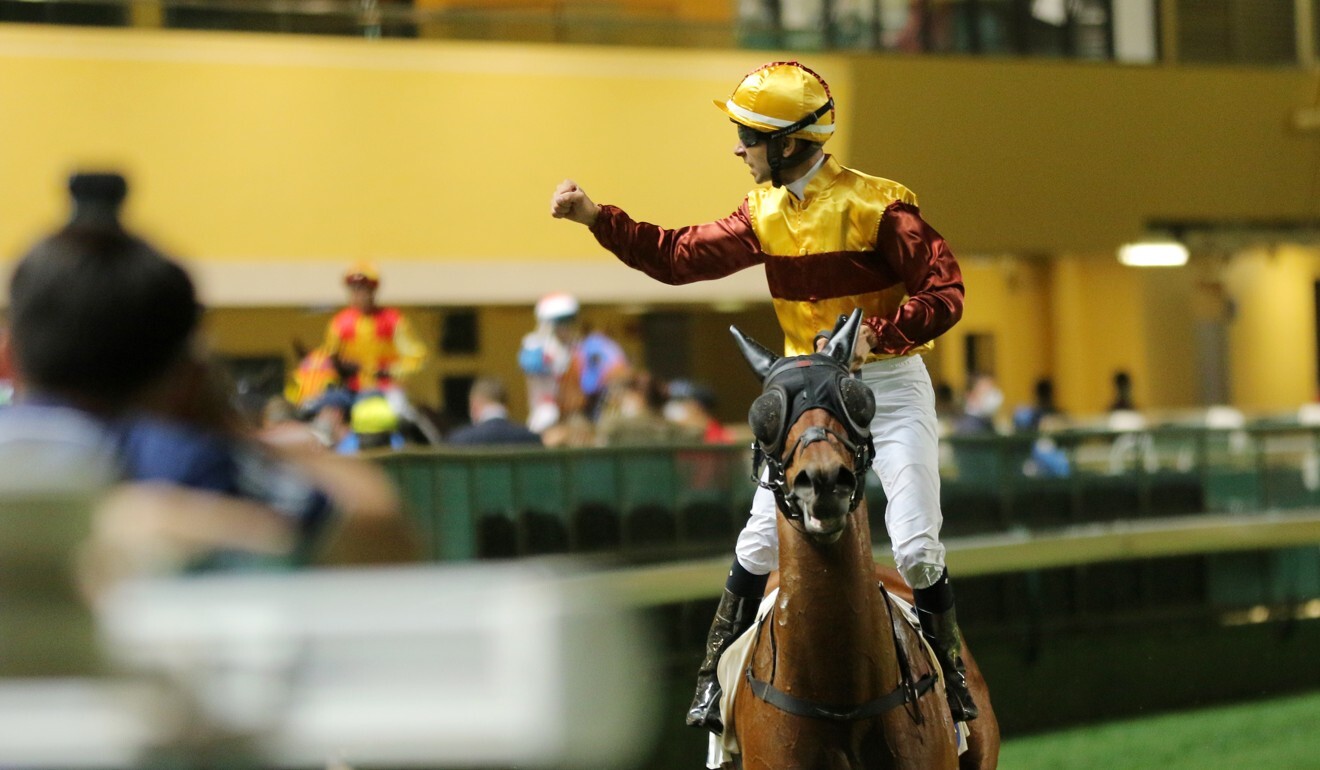 Joao Moreira celebrates a winner at Happy Valley this season.