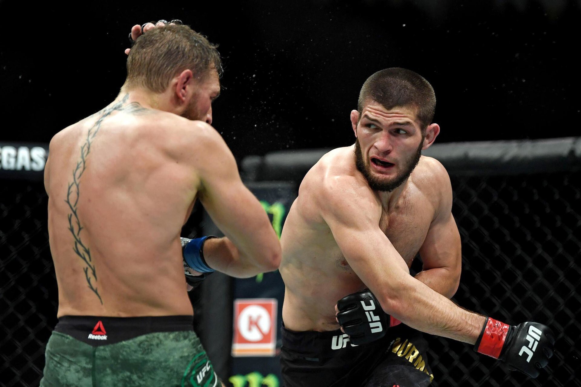 Khabib Nurmagomedov throws a punch at Conor McGregor at UFC 229. Photo: Reuters