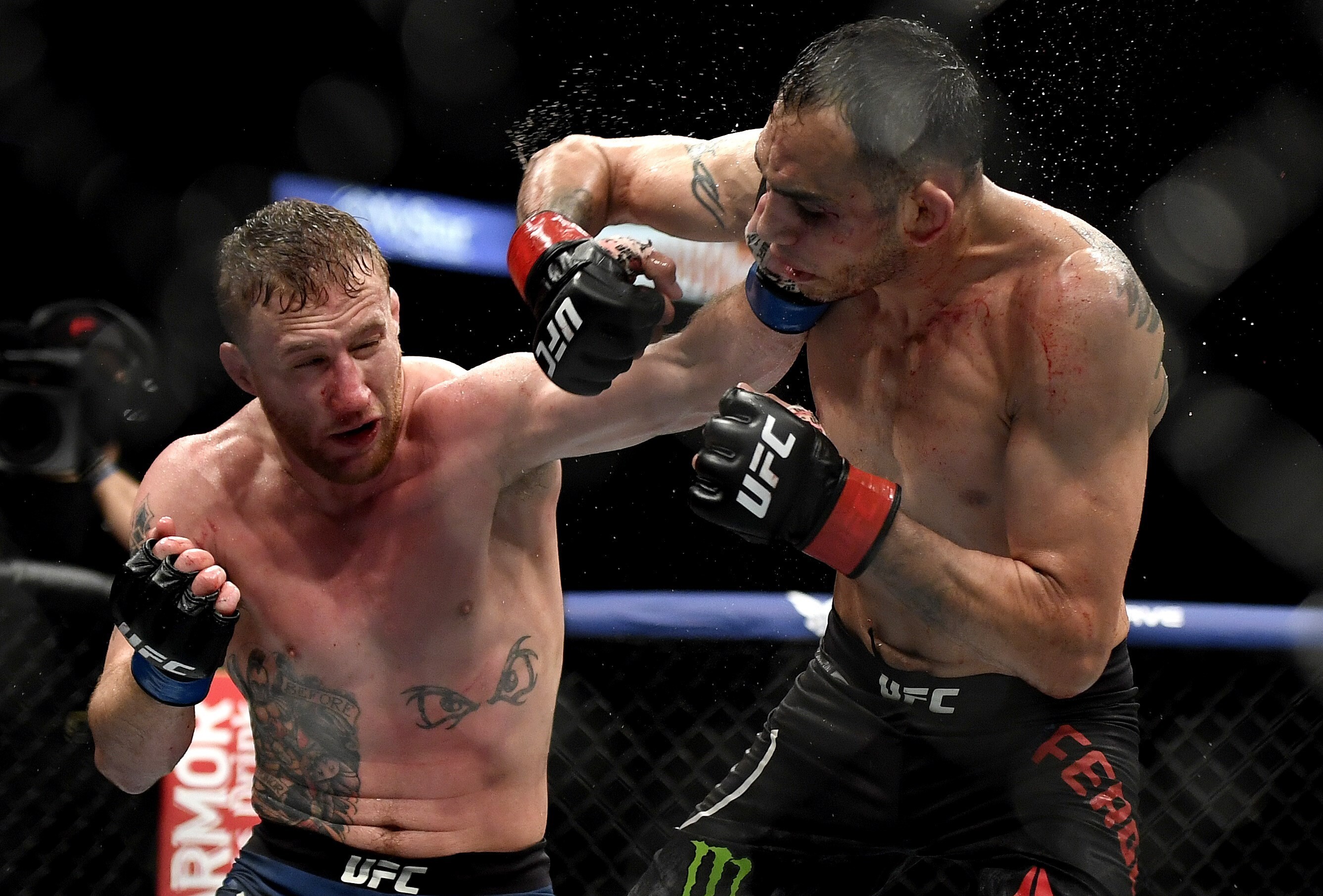 Tony Ferguson gets caught with a left hand by Justin Gaethje at UFC 249. Photo: AFP