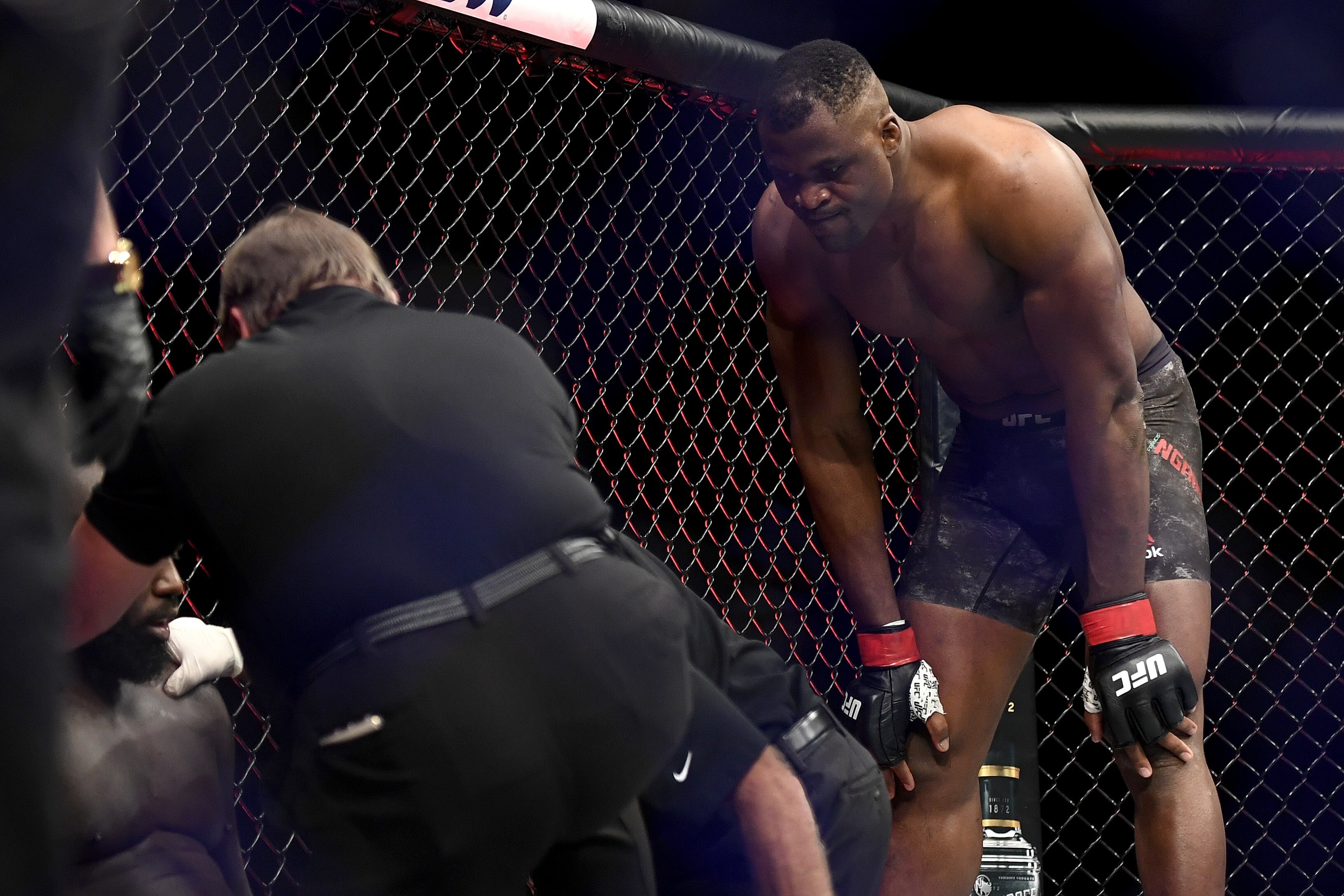 Francis Ngannou looks on as Jairzinho Rozenstruik receives attention after their heavyweight fight at UFC 249. Photo: AFP