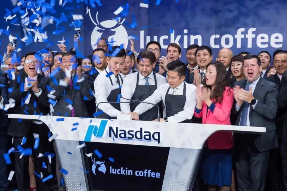 Luckin coffee team in New York during its listing ceremony in May 2019. Photo: finance.china.com.cn