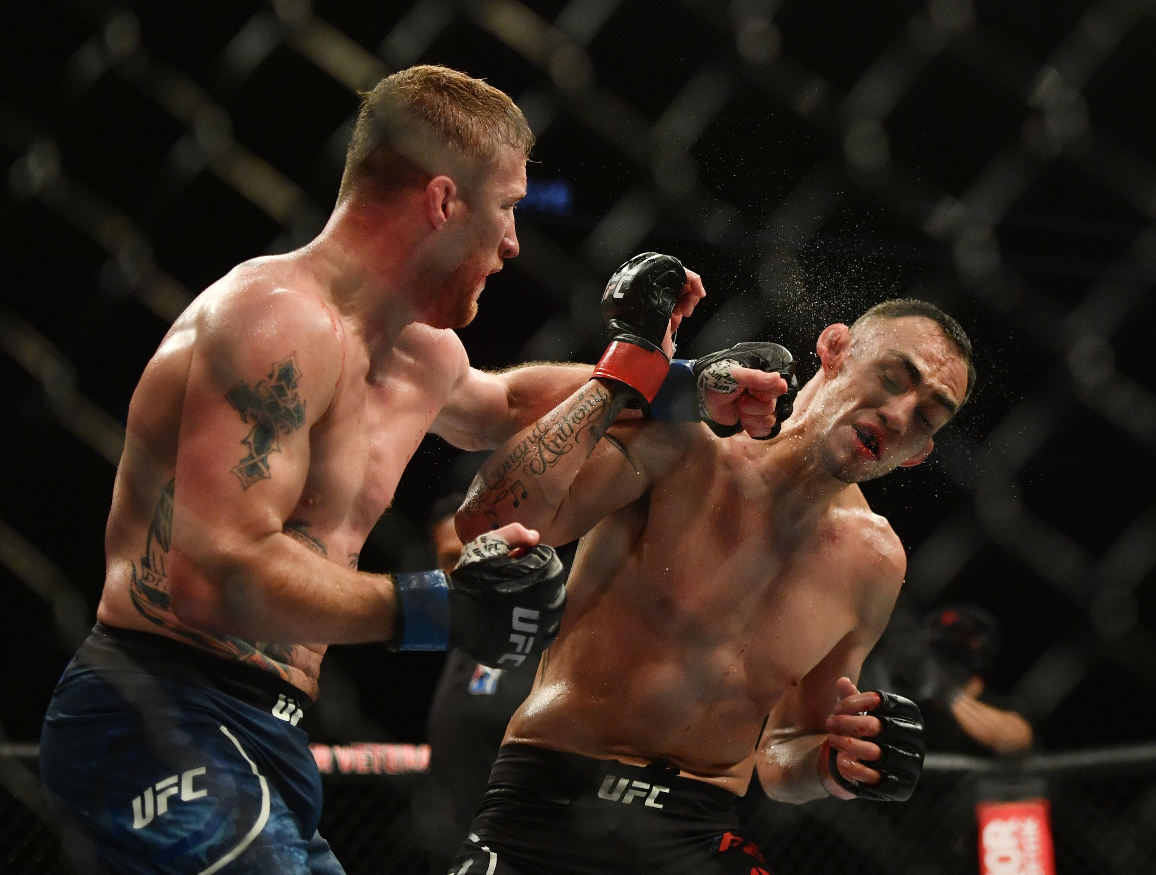 Tony Ferguson gets hits by Justin Gaethje at UFC 249. Photo: USA TODAY Sports