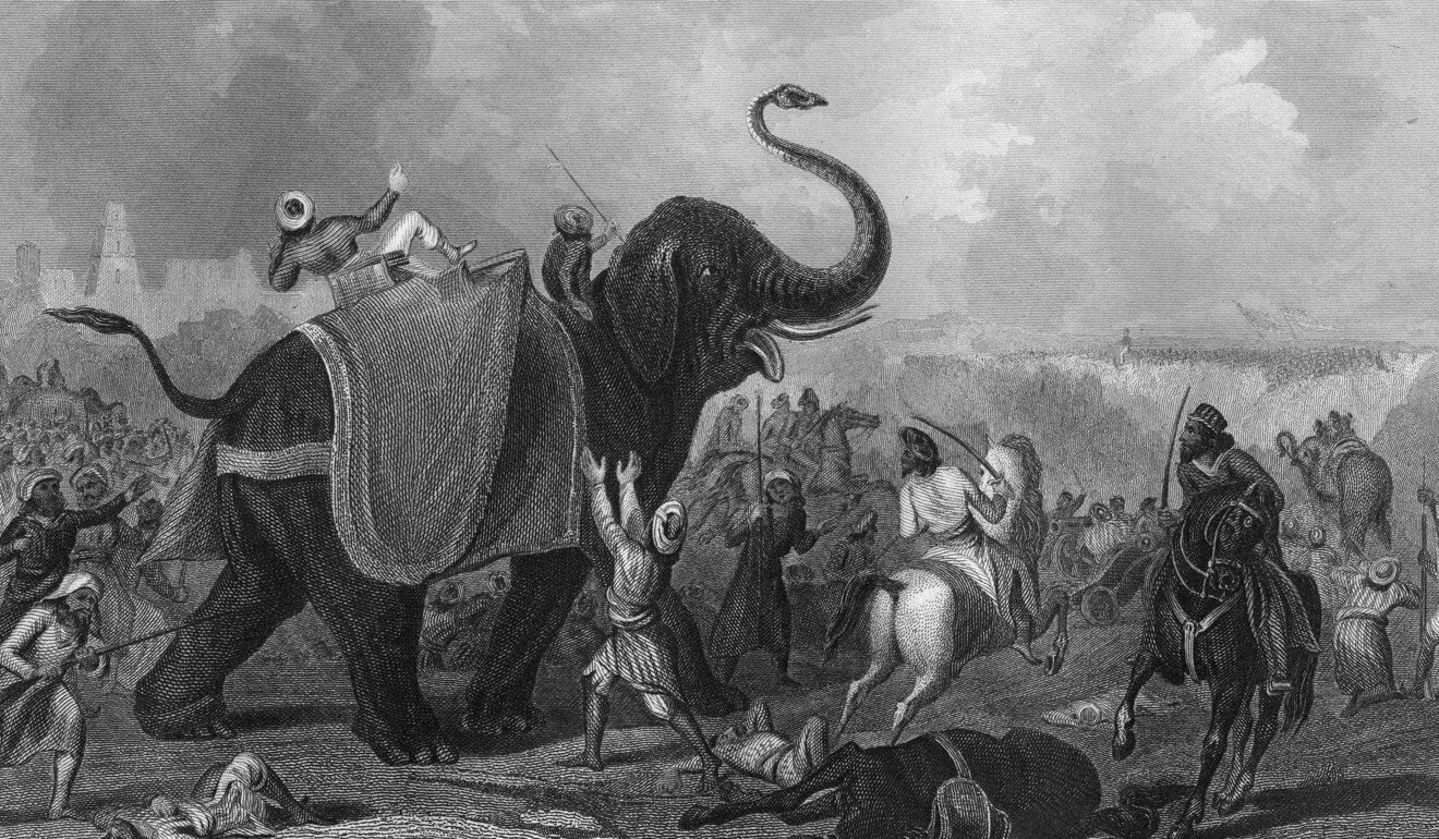 A print published in 1857 depicting “The Siege of Mooltan” (Multan) and an elephant being struck by a cannonball. Photo: The Print Collector/Print Collector/Getty Images