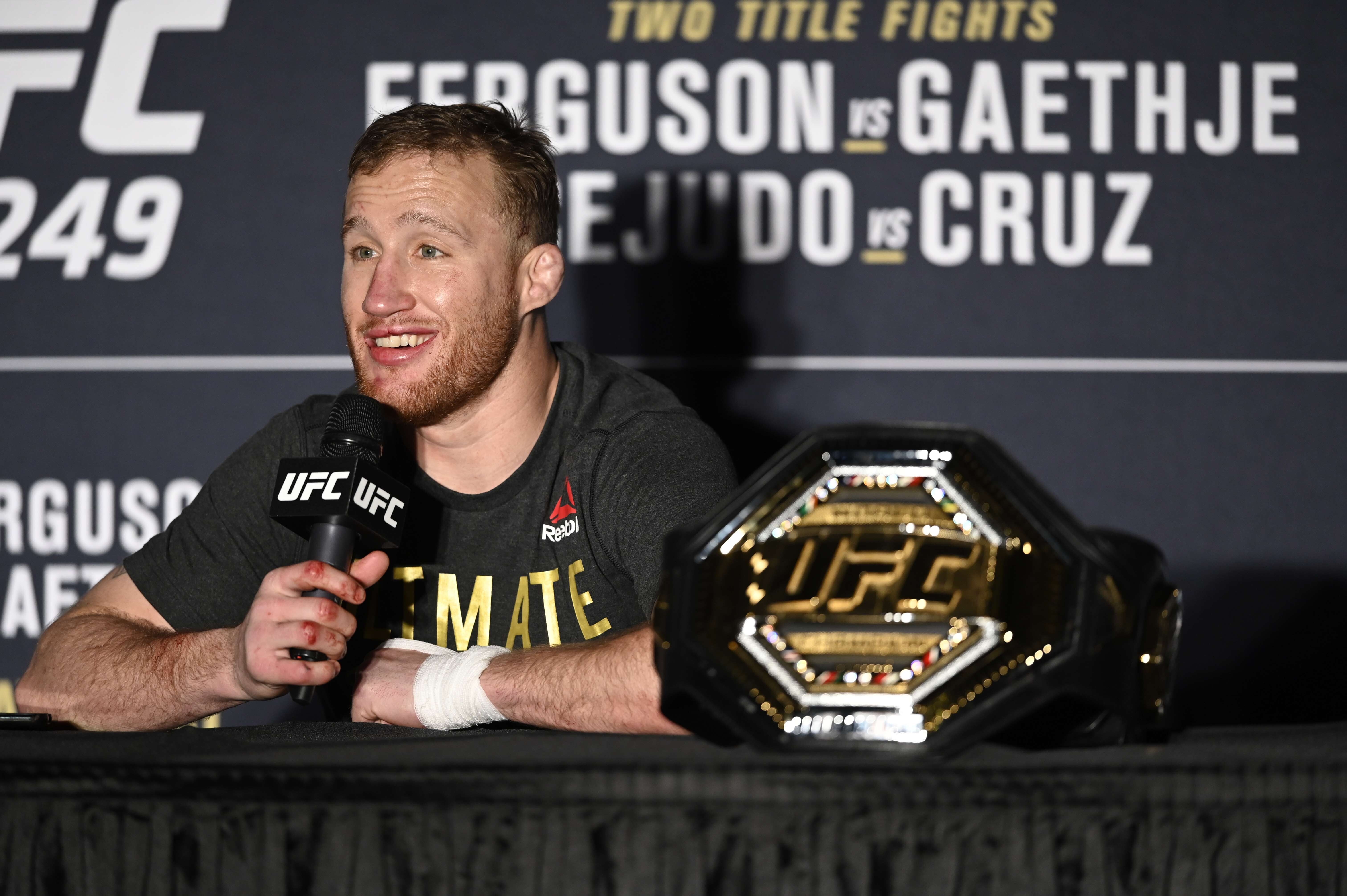 Justin Gaethje speaks to the media after his Interim lightweight title fight against Tony Ferguson at UFC 249. Photo: AFP