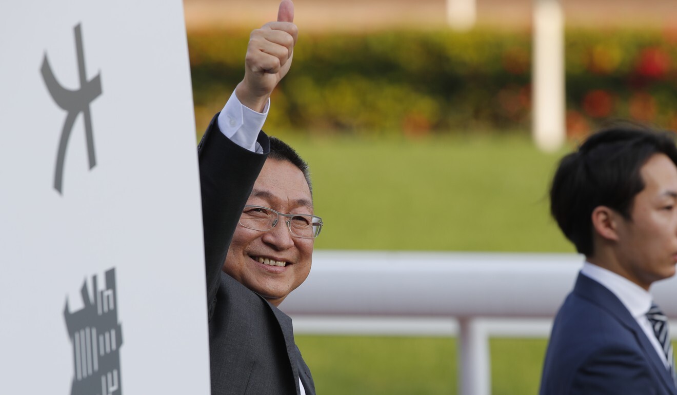 Francis Lui celebrates Golden Sixty’s win in the Hong Kong Derby. Photo: Kenneth Chan