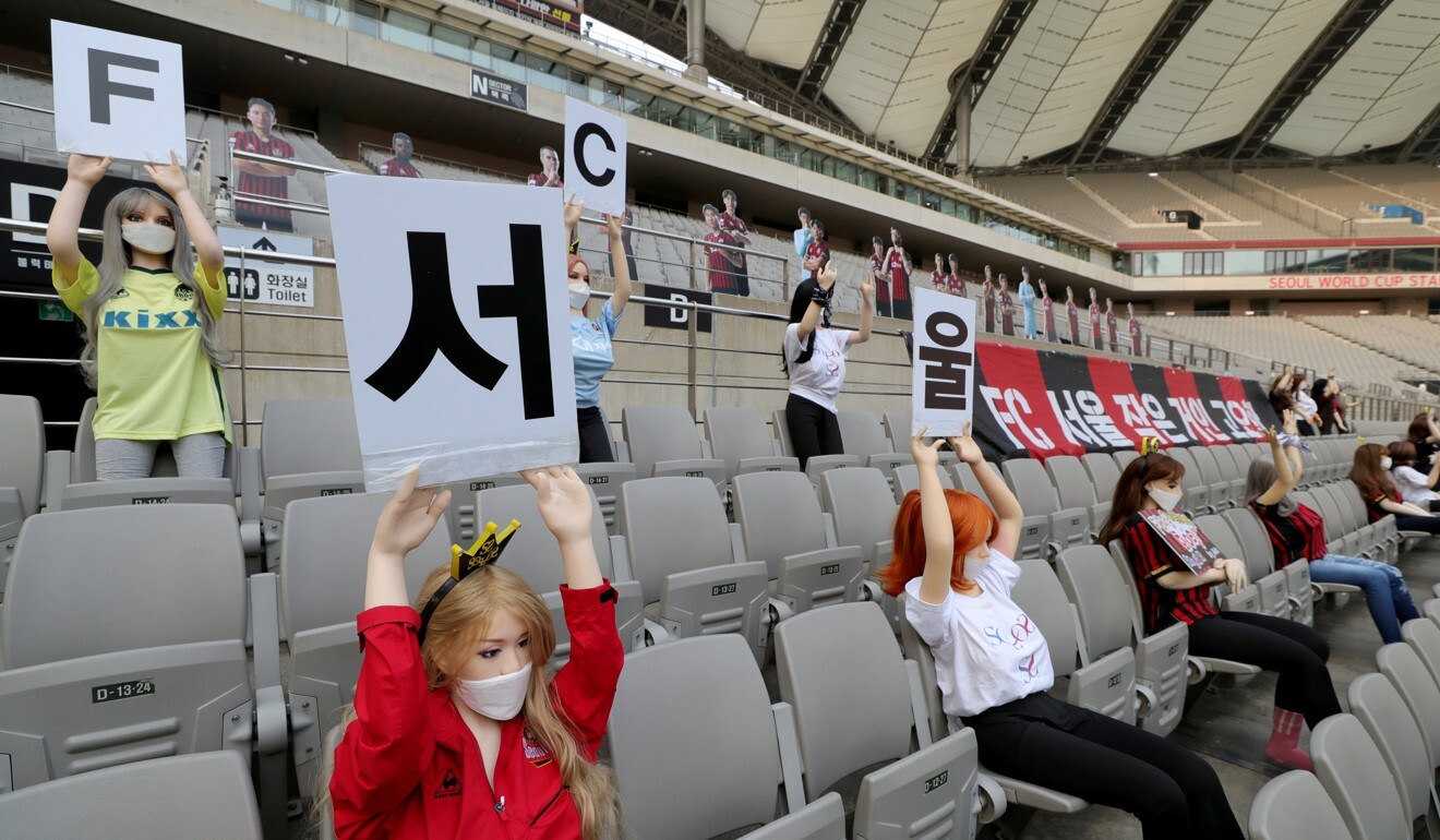 Sex dolls in the stands at the Seoul World Cup Stadium for FC Seoul against Gwangju FC. Photo: Yonhap