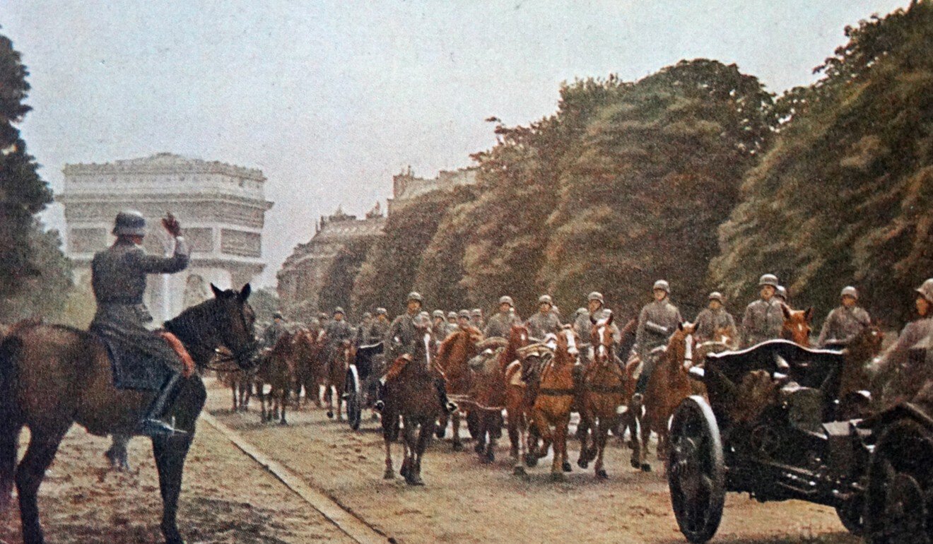 German forces in Paris in 1940 during the second world war. “No one would imagine a comparable question in Europe: ‘Do you agree that Germany did more good than harm in France (or Poland, for example) between 1900 and 1945?’,” says history teacher Robert Jones (not his real name). Photo: Getty Images