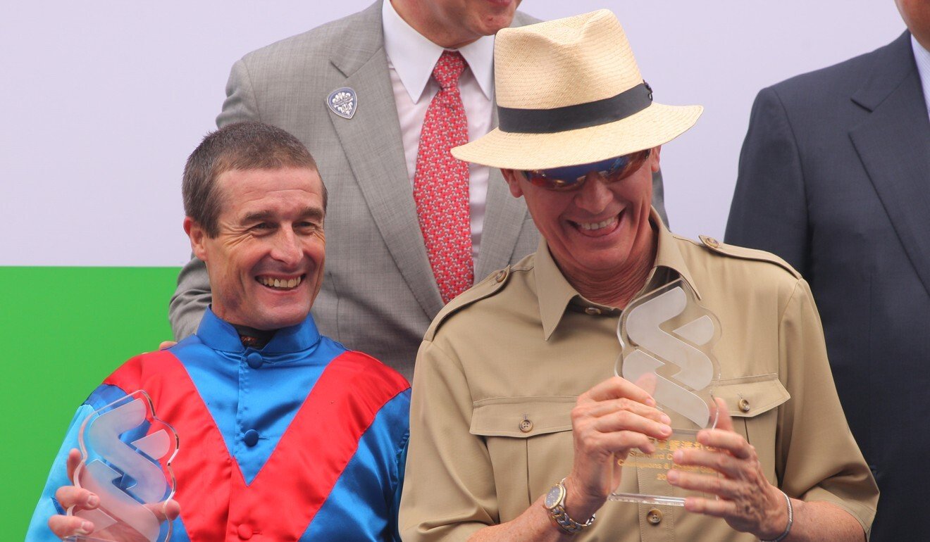 John Moore with Darren Beadman after winning the Champions & Chater Cup in 2011 with Mighty High.