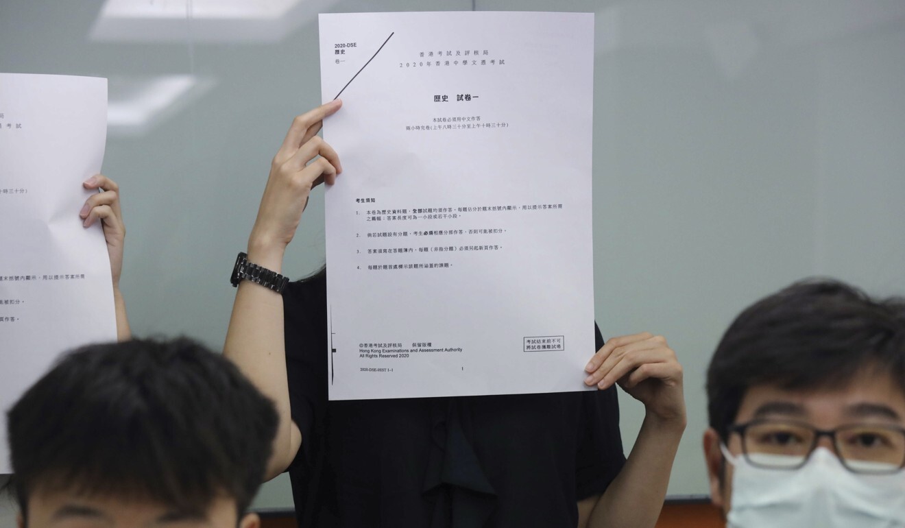 Teachers of Chinese history hold a press conference to respond to the controversial exam question on a Diploma of Secondary Education (DSE) history paper asking whether Japan “did more good than harm to China” between 1900 and 1945. Photo: K.Y. Cheng