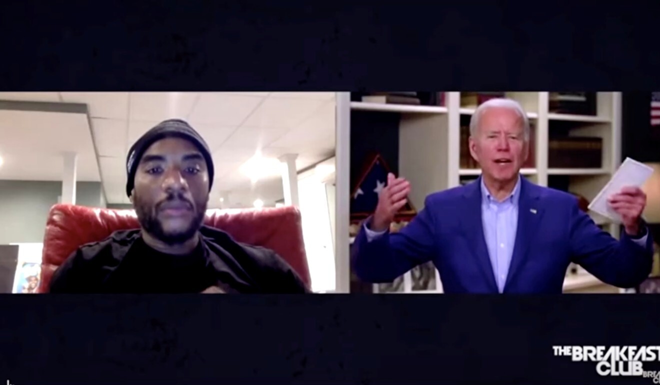 Joe Biden is seen in an image captured from video as he participates in a remote video interview on The Breakfast Club radio show. Photo: Reuters