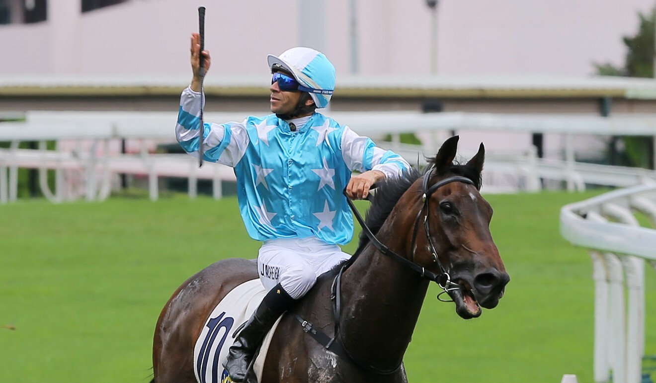 Joao Moreira celebrates his win on Enjoy Life at Sha Tin.