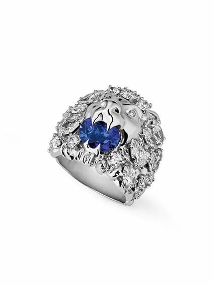 ‘Like a tattoo, a jewel reflects taste, personality and individuality. Unlike a tattoo, it can be changed on a daily basis’ – Gucci’s lion head ring in white gold with tanzanite and diamonds. Photo: Gucci