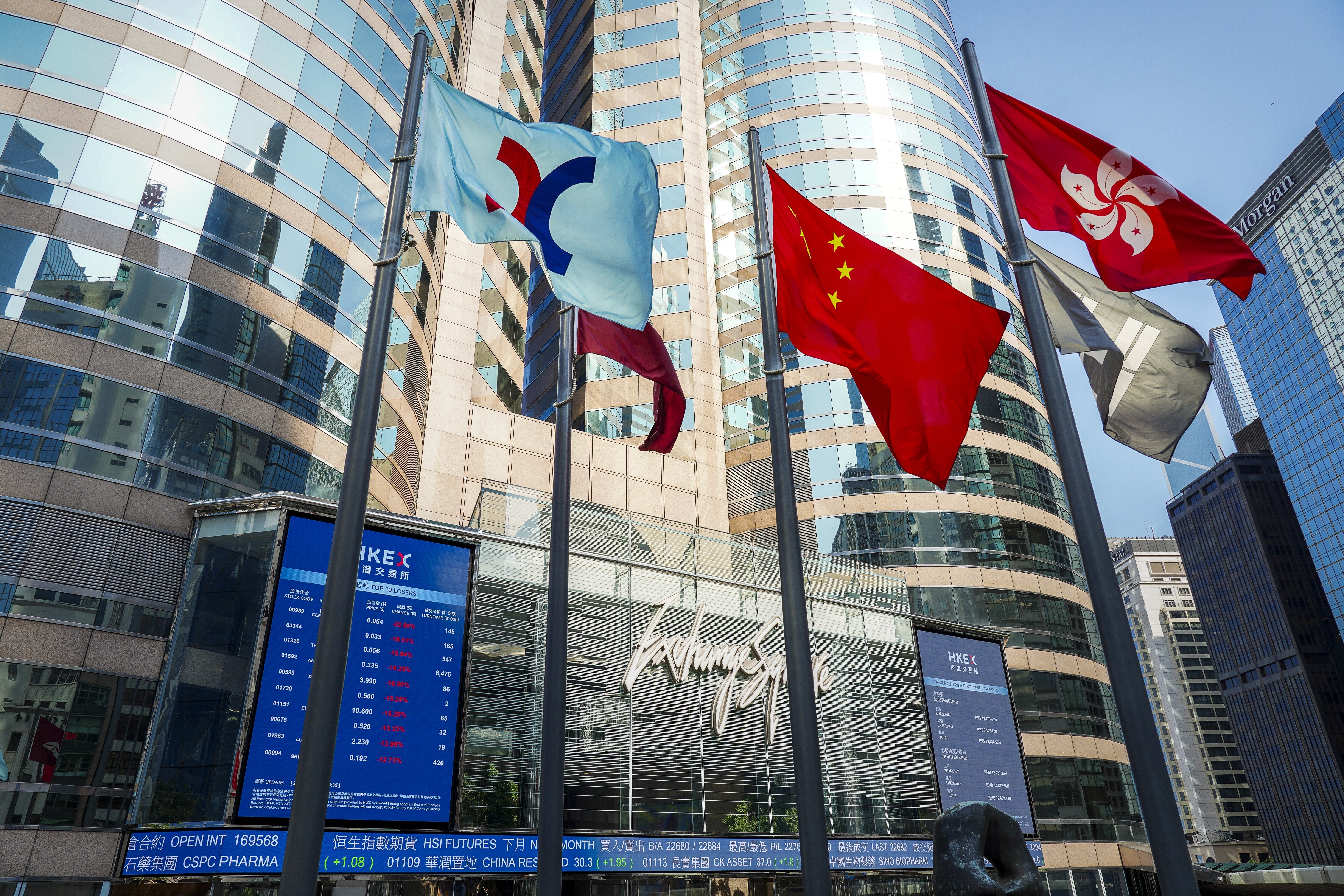 Flags are raised outside the Hong Kong Exchange Square building in Central, following the coronavirus outbreak on March 24. Photo: Robert Ng