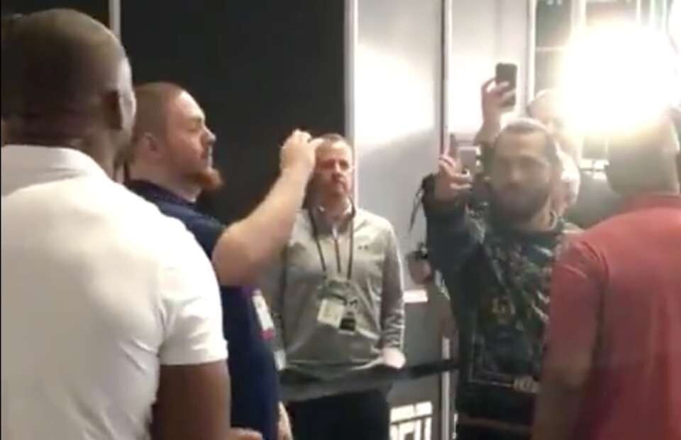 Jorge Masvidal gets into a verbal altercation with Kamaru Usman at Media Row during Super Bowl week in Miami.