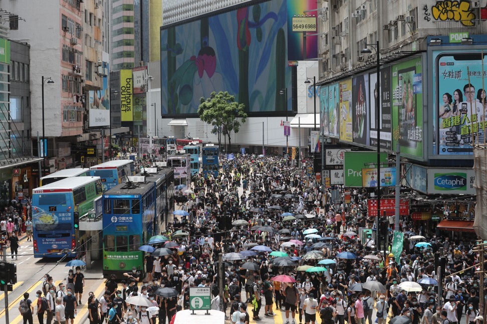 Crowds gather in Causeway Bay on Sunday to protest against the proposed national security law. Photo: Sam Tsang