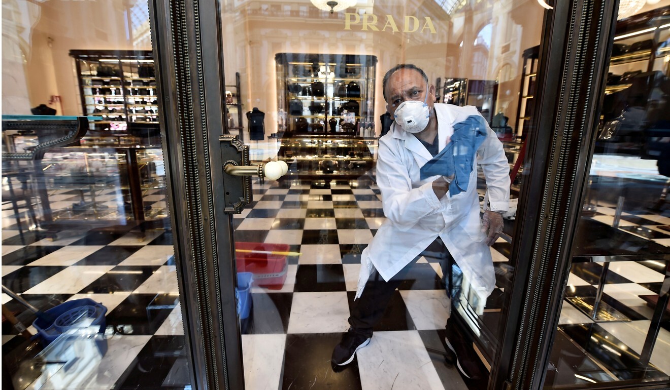 A Prada store on reopening day at Galleria Vittorio Emanuele II in Milan. Photo: Reuters/Flavio Lo Scalzo