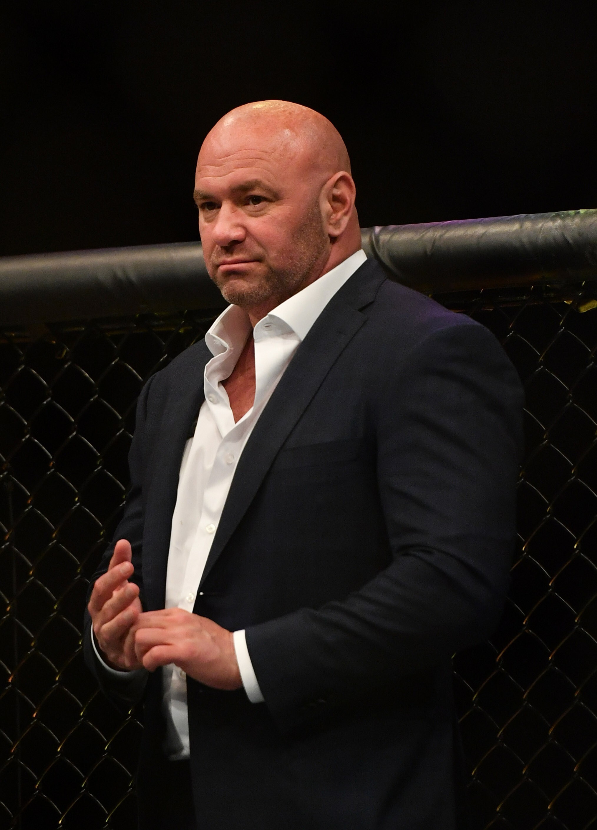 UFC president Dana White in the octagon after a fight between Henry Cejudo and Dominick Cruz at UFC 249 at the VyStar Veterans Memorial Arena in Florida in May. Photo: USA Today