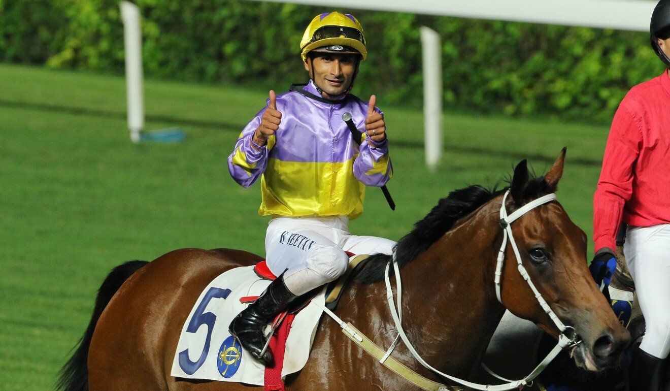 Karis Teetan celebrates his win aboard the Tony Cruz-trained California Concord.