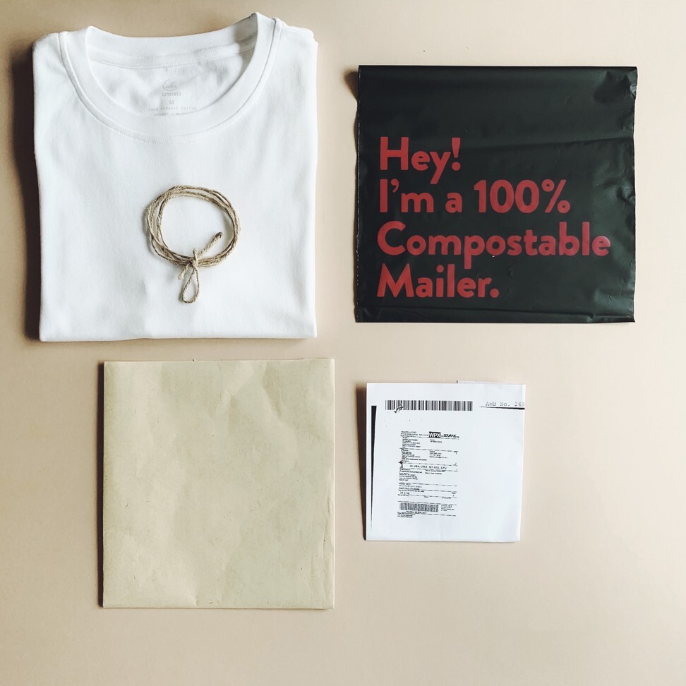 Spheraco T-shirts are packaged in compostable and recyclable materials.