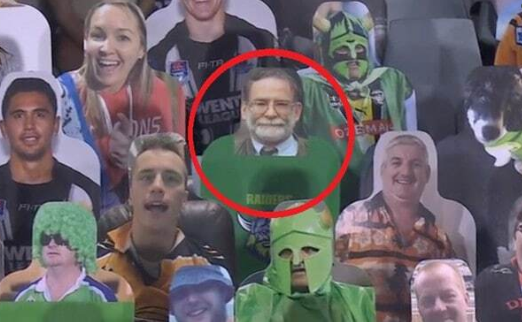 A screengrab from the broadcast of the NRL game between Penrith Panthers and Newcastle Knights with serial killer Harold Shipman circled. Photo: Twitter