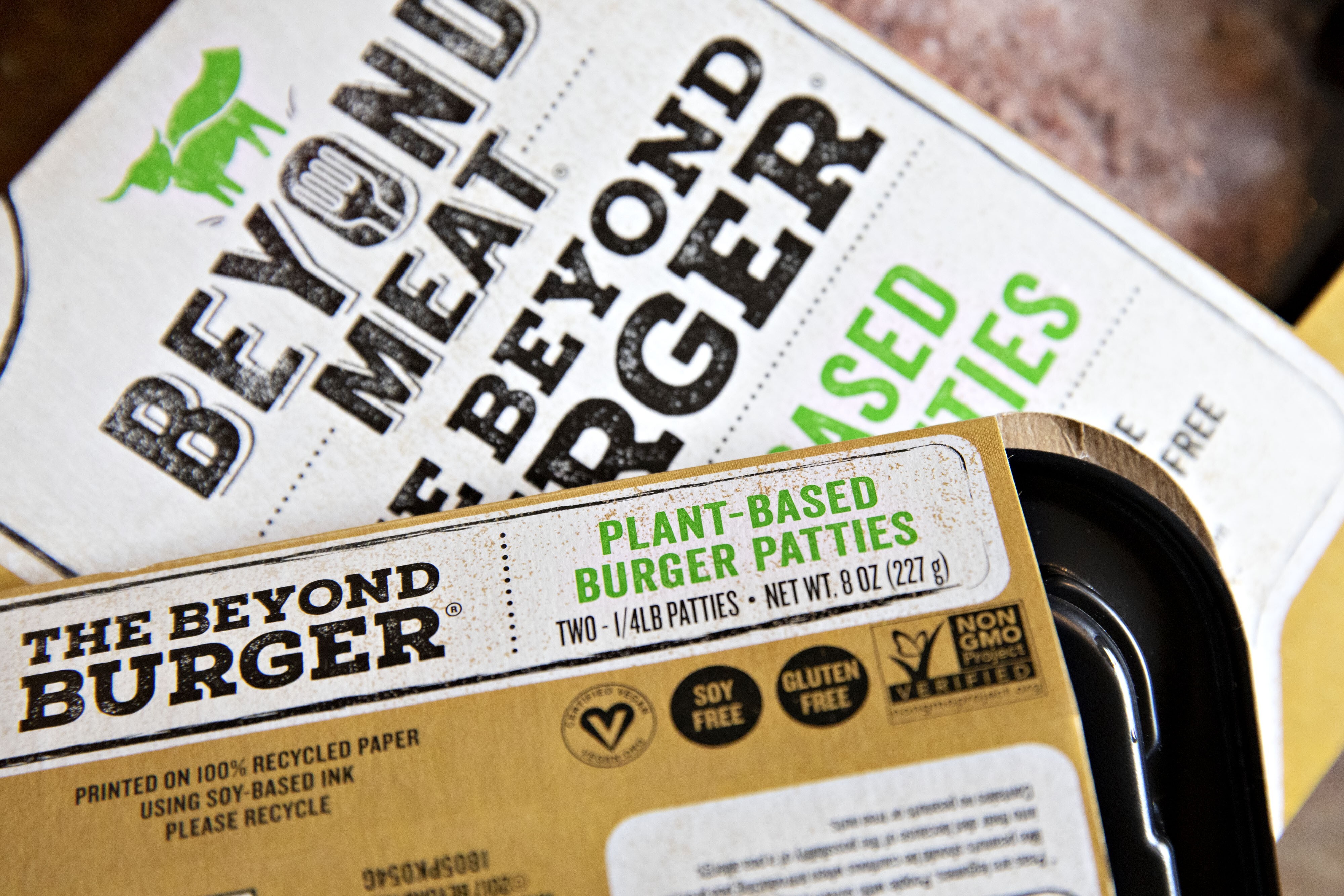 Packages of Beyond Meat plant-based burger patties are displayed for a photograph in Illinois, US, on Tuesday, April 23, 2019. Photo: Bloomberg