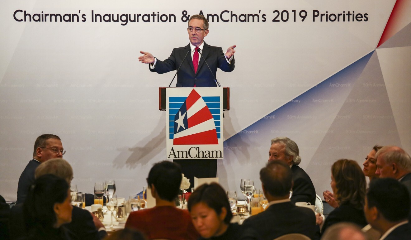 American Chamber of Commerce chairman Robert Grieves, seen here at a 2019 meeting, declined to address allegations regarding the dismissal of three senior employees. Photo: Jonathan Wong