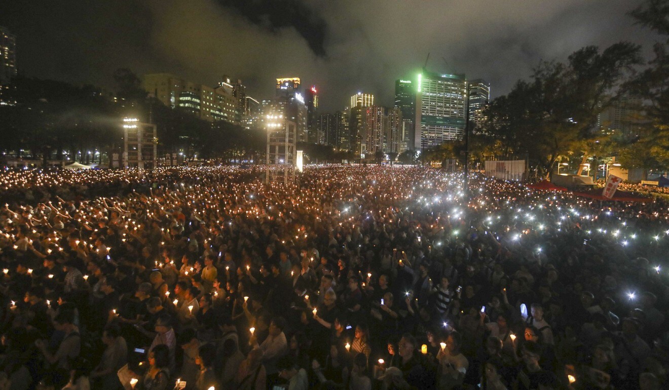Hong Kong’s Victoria Park is filled with candles as attendees mark the 30th anniversary of the Tiananmen Square crackdown. Photo: Sam Tsang