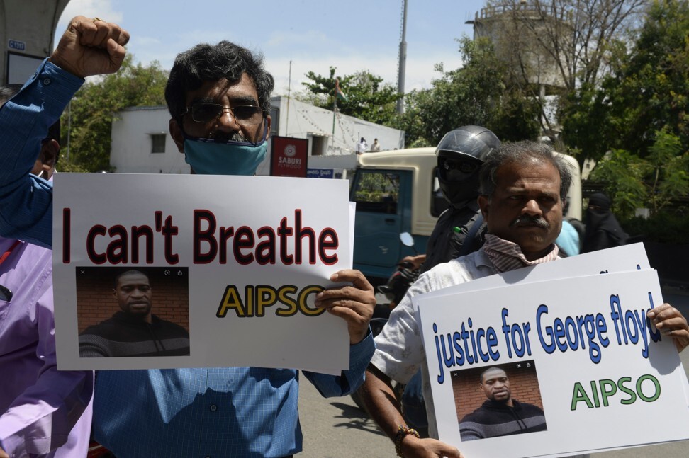 Members of the All India Peace and Solidarity Organisation hold a silent protest in front of the US consulate in Hyderabad, India, on June 4, 2020. Photo: AFP