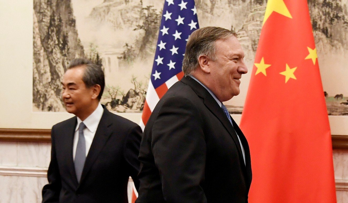 US Secretary of State Mike Pompeo is seen near Chinese State Councillor and Foreign Minister Wang Yi. Photo: Reuters