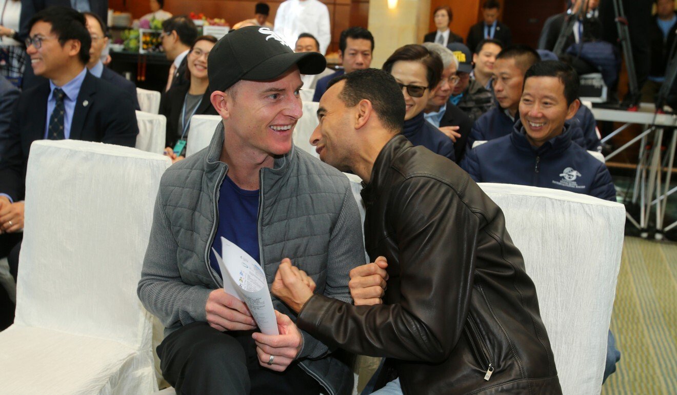 Zac Purton and Joao Moreira share a joke before the draw for the International Jockeys’ Championship in December.