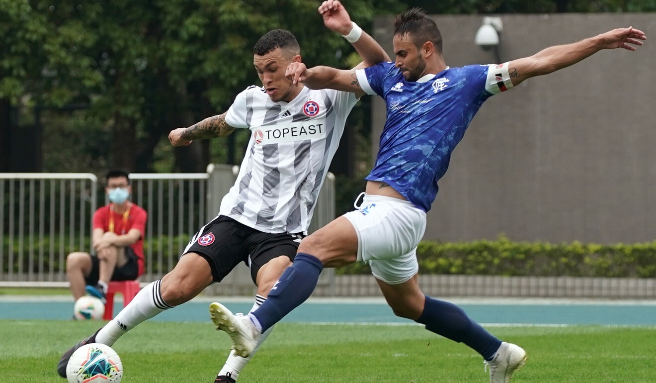 An FA Cup match with Tomas Maronesi of BC Rangers (right) challenging Everton Camargo of Eastern Long Lions at Tseung Kwan O Sports Ground. Photo: Felix Wong