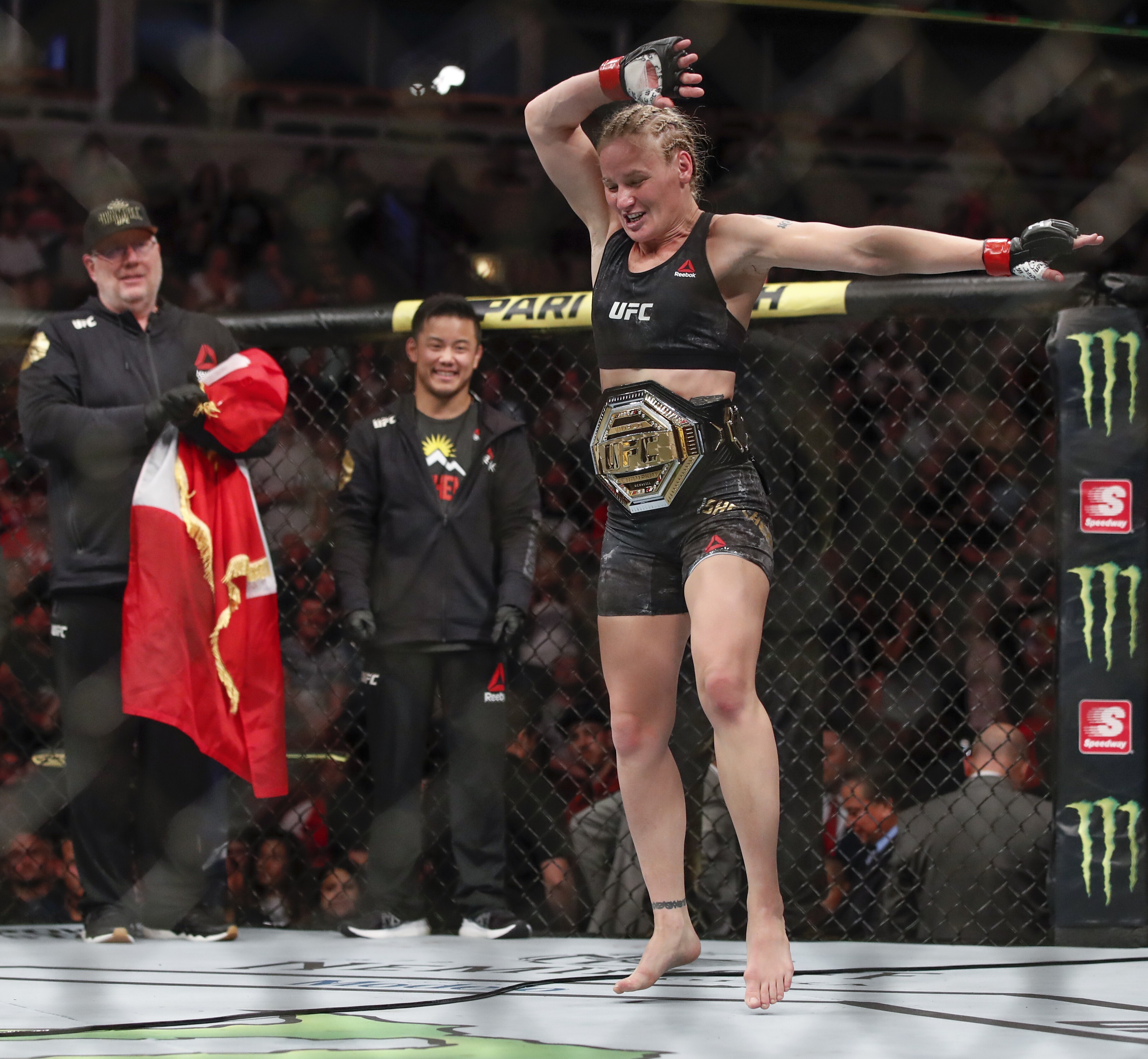 Valentina Shevchenko celebrates after defeating Jessica Eye at UFC 238. Photo: AP