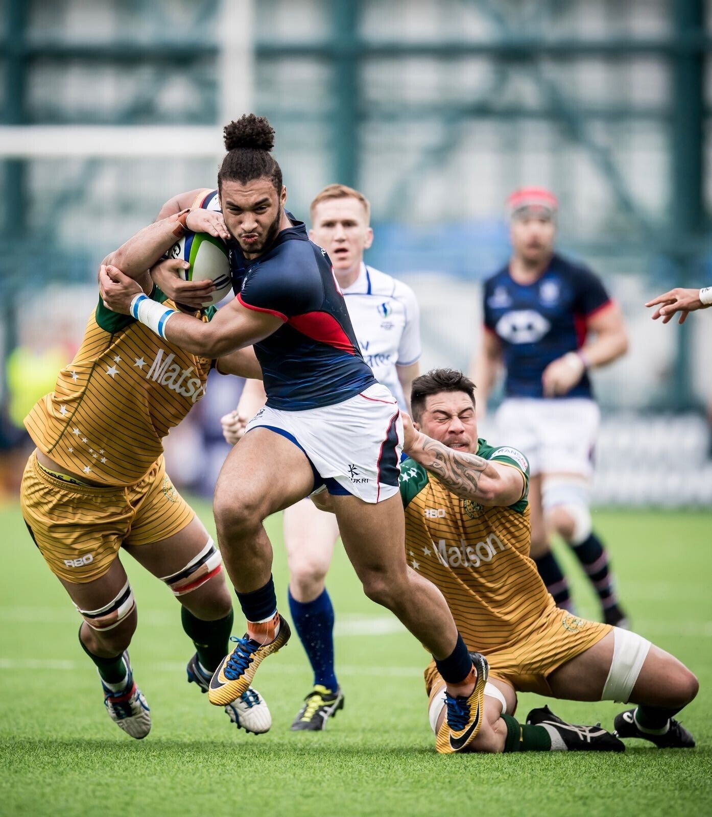 Max Denmark busts through against the Cook Islands, en route to the round robin tournament for the last 2019 Rugby World Cup spot. Photo: Handout