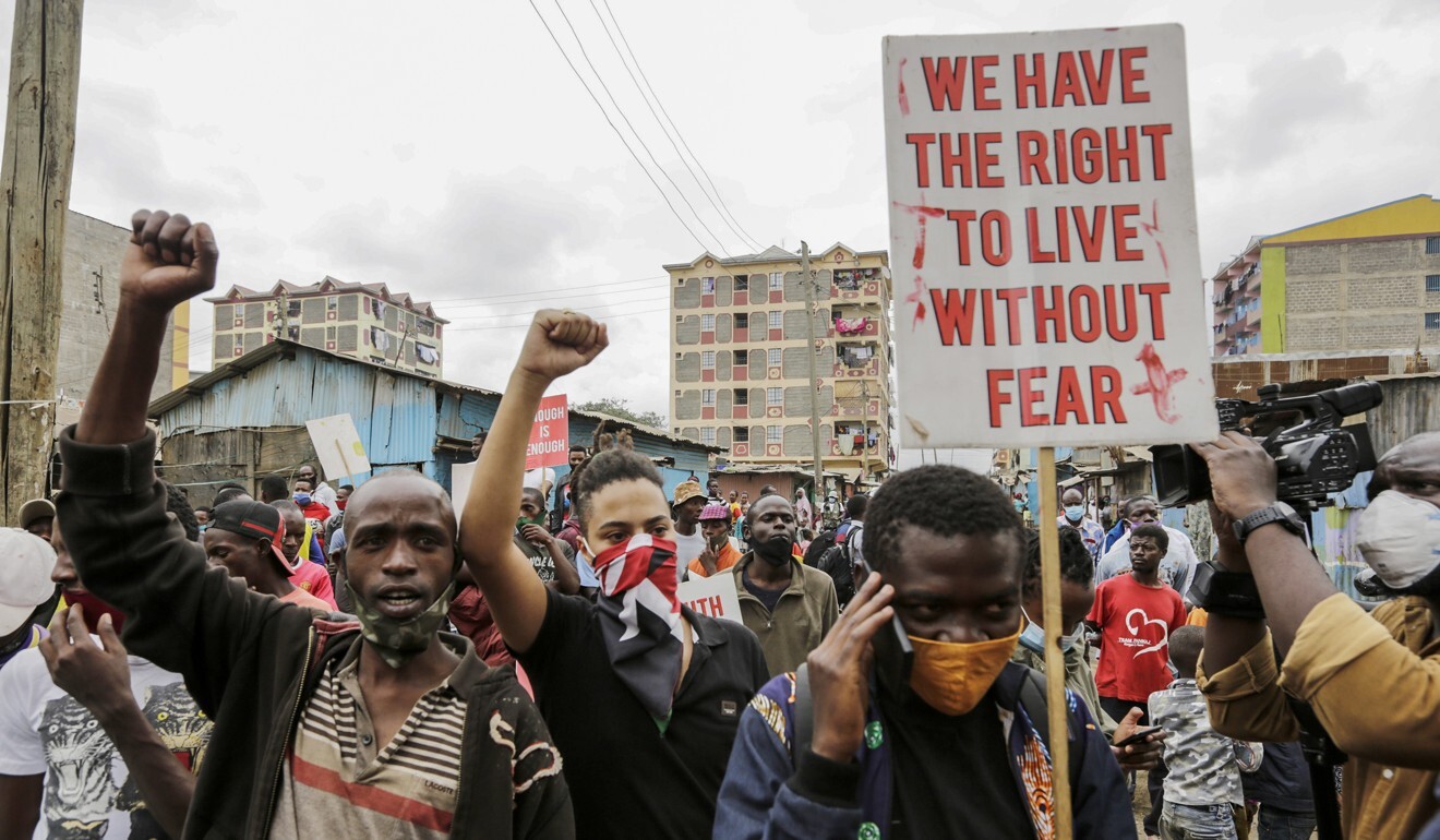 Protesters in the Mathare slum in Nairobi demonstrate on Monday against police brutality. Photo: AP