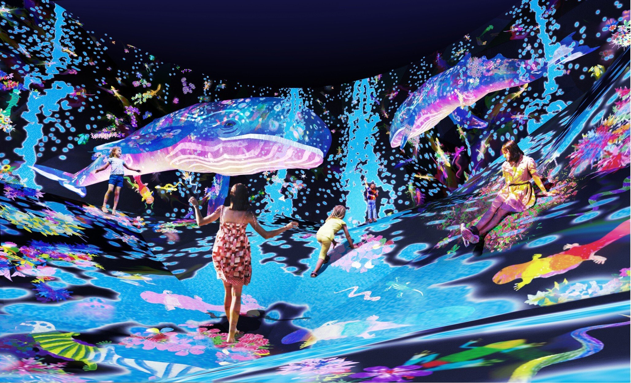 “Inverted Globe Graffiti Nature, Red List”, an interactive installation at the TeamLab SuperNature digital art museum at the Venetian Macao. Photo: TeamLab