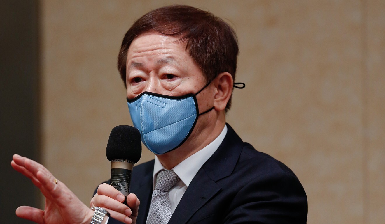 Mark Liu, chairman of the Taiwan Semiconductor Manufacturing Company (TSMC), wearing a protective mask while speaking at the company's annual general meeting in Hsinchu, Taiwan, on Tuesday. He said TSMC was still negotiating subsidies for a US$12 billion chip plant in Arizona. Photo: Bloomberg