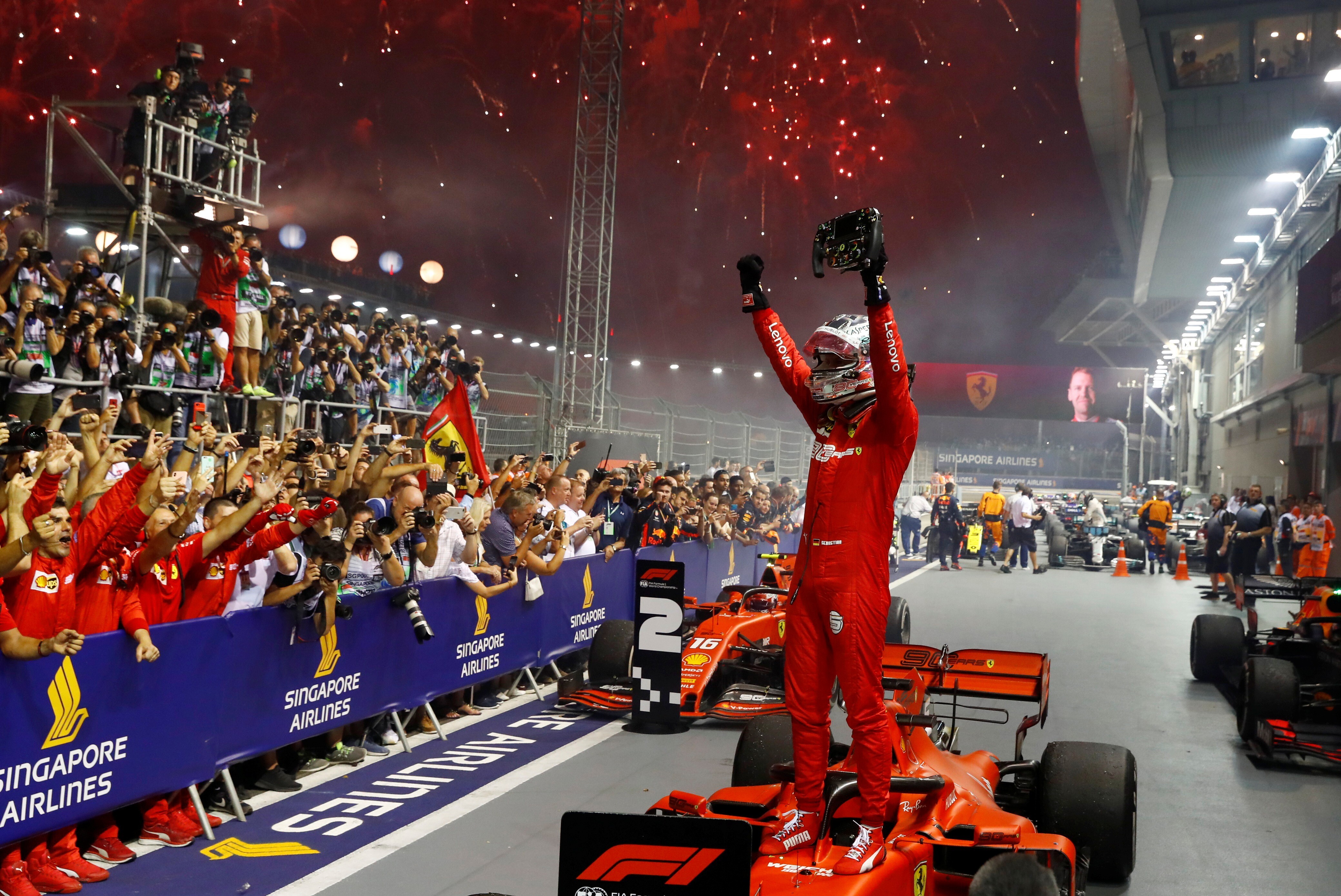 Ferrari’s Sebastian Vettel celebrates after winning the Singapore Grand Prix in 2019. Photo: Reuters