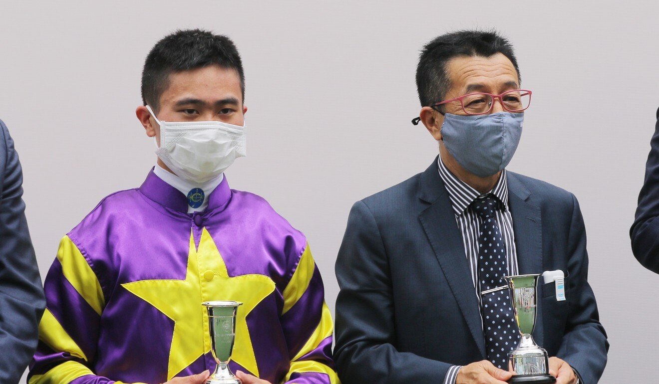 Dylan Mo with trainer Me Tsui after the win of Sparkling Knight.