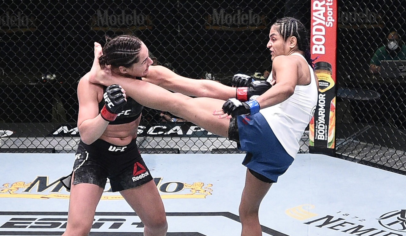 Cynthia Calvillo gets Jessica Eye with a high kick in their flyweight fight during UFC Fight Night at the UFC Apex. Photo: USA Today
