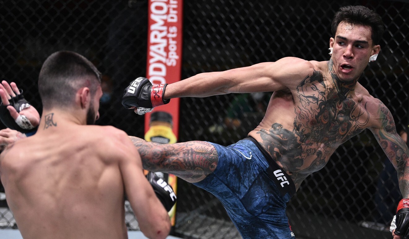 Featherweight Andre Fili kicks Charles Jourdain at UFC Fight Night at the UFC Apex Arena in Las Vegas, Nevada. Photo: USA Today