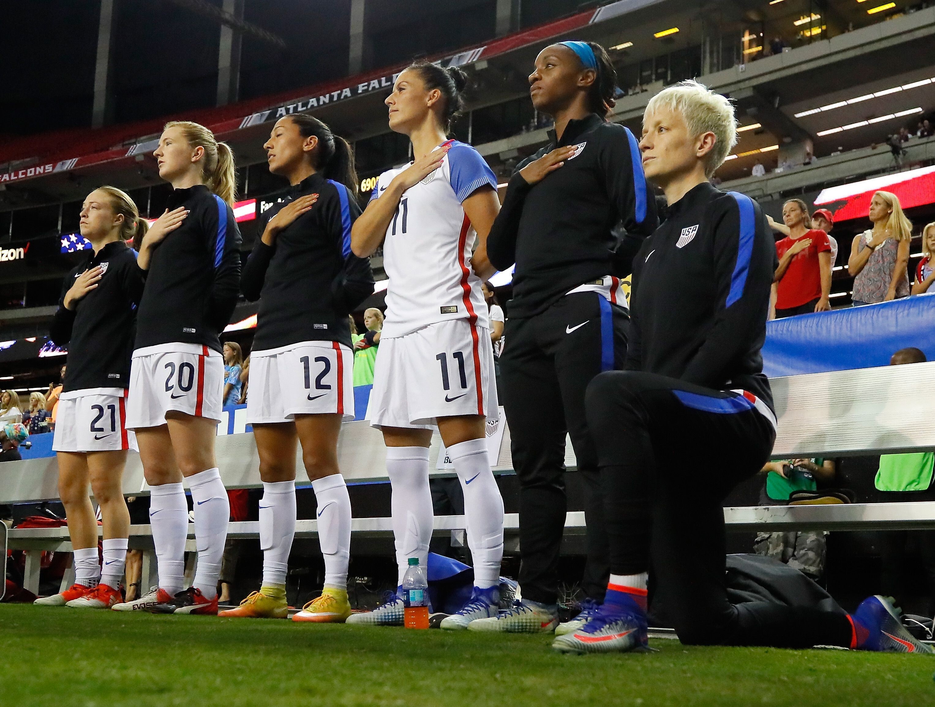 Megan Rapinoe kneels during the US National Anthem prior to the match between the 2016 United States and the Netherlands Atlanta, Georgia. Photo: AFP