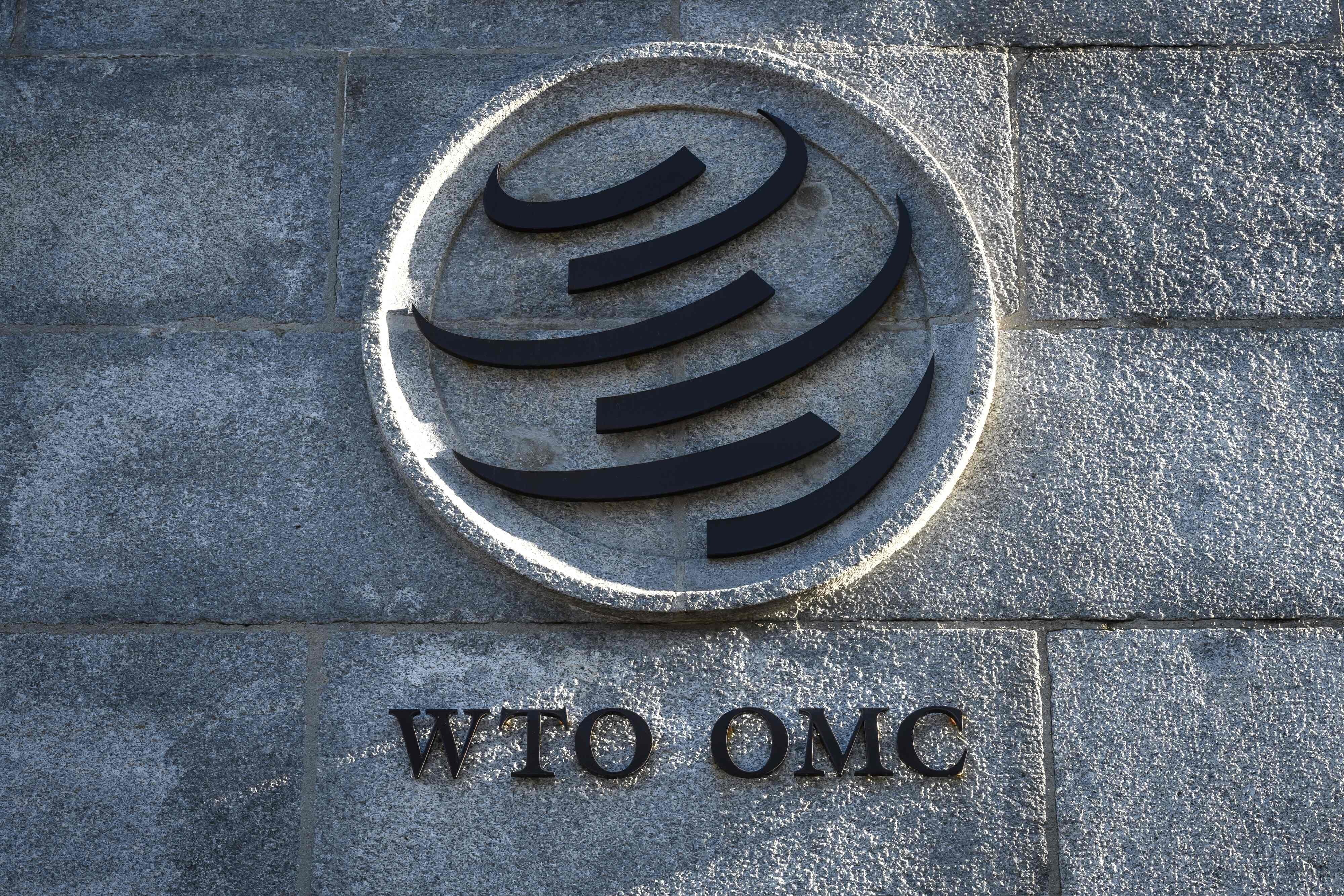 The World Trade Organisation logo at the intergovernmental organisation headquarters in Geneva. Photo: AFP