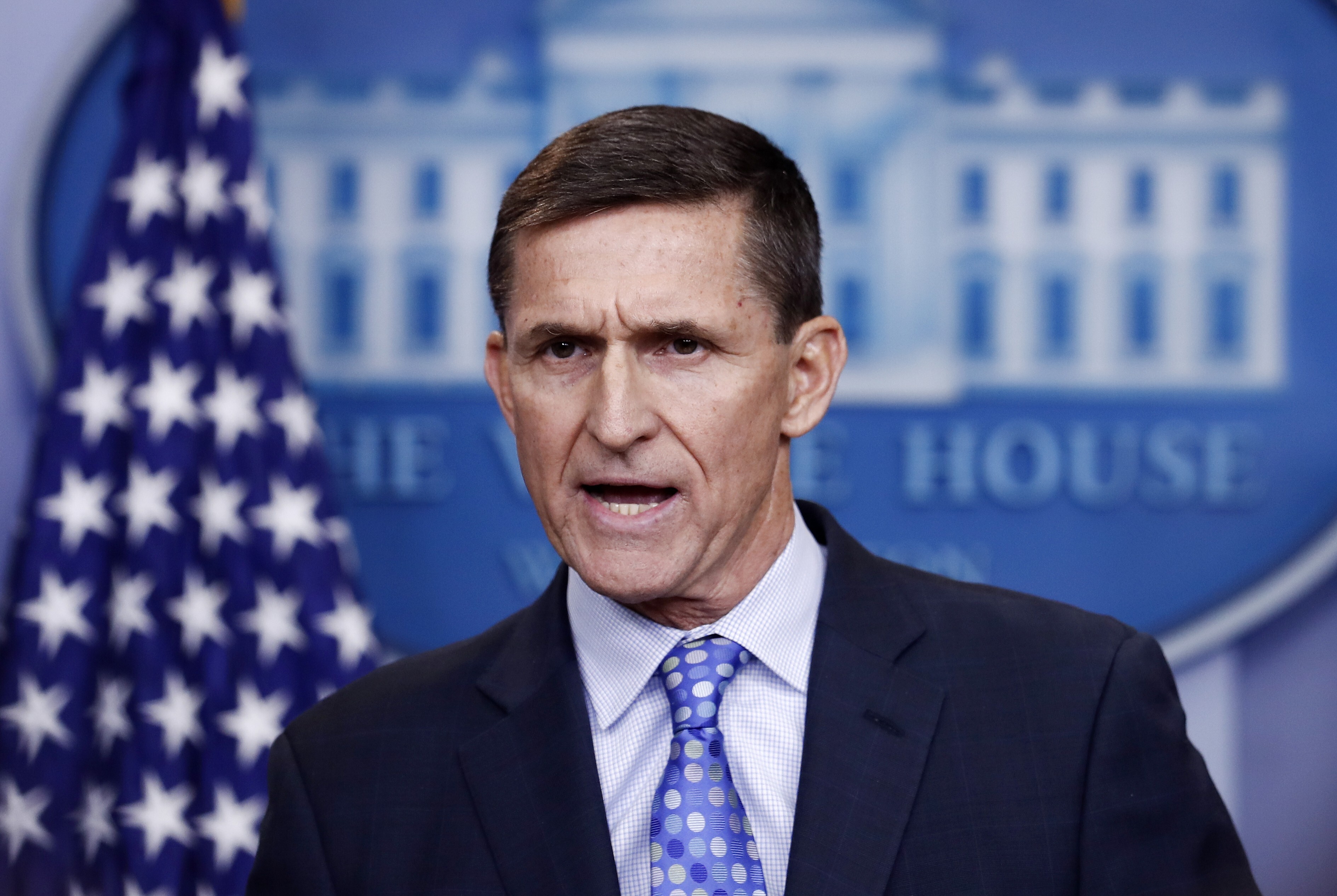 Then National Security Adviser Michael Flynn speaks during the daily news briefing at the White House in February 2017. Photo: AP