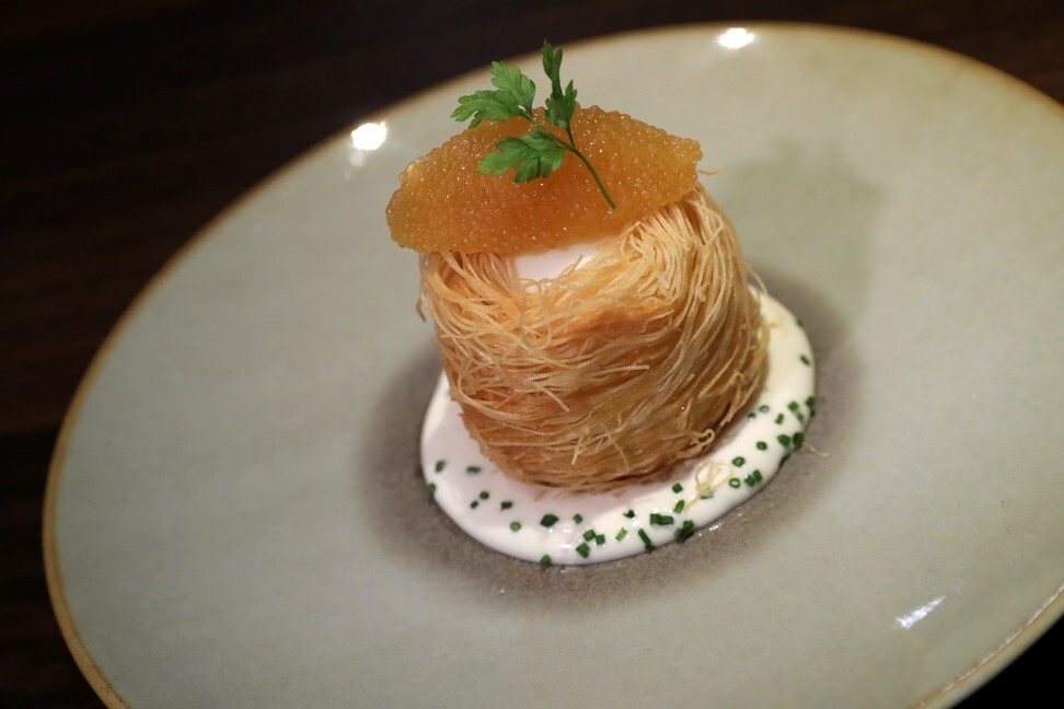 Kadafi-fried Taiyouran egg with sour cream and smoked pike perch at Somm in Central. Photo: Edmond So