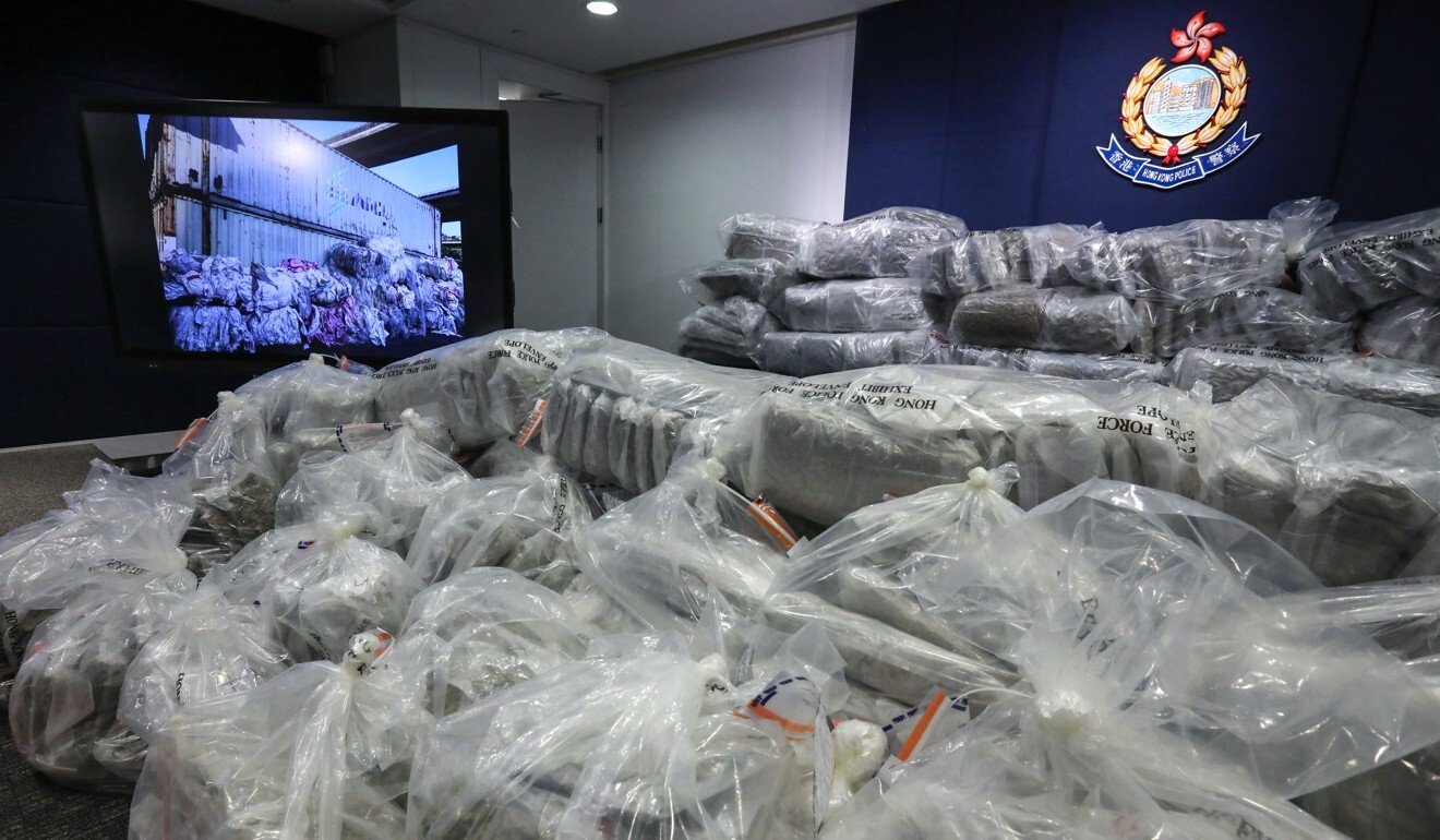 Hong Kong police display seized bags of cannabis worth close to HK$100 million (US$12.9 million) on April 14. Hong Kong’s Commissioner for Narcotics has attributed a 50 per cent surge in young people using cannabis to users thinking the drug is not harmful because of legalisation overseas. Photo: Felix Wong
