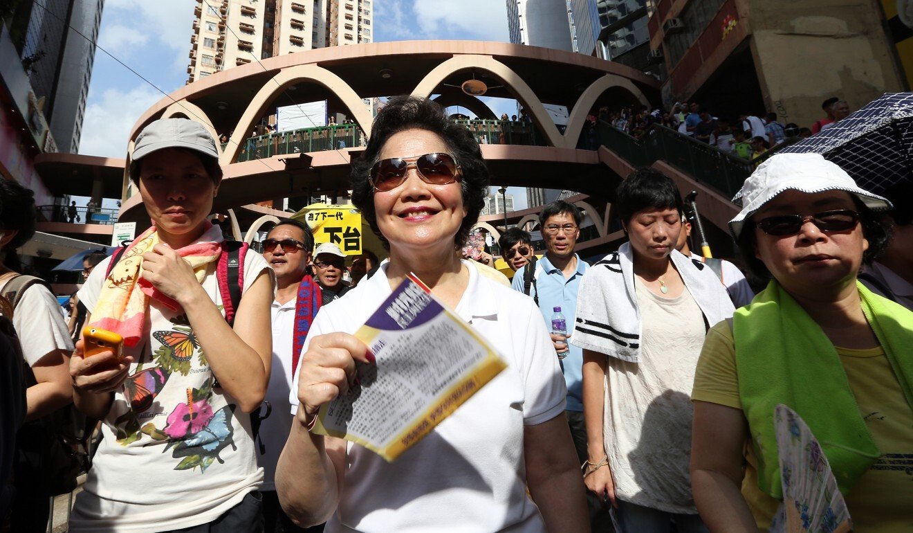 Former Chief Secretary Anson Chan marches in 2015 at the annual July 1 rally marking the handover of Hong Kong from British to Chinese rule in Causeway Bay. Photo: Nora Tam